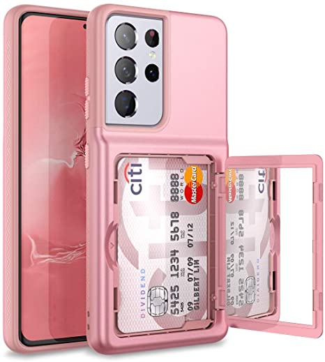 WeLoveCase for Samsung Galaxy S21 Ultra Wallet Case with Credit Card Holder & Hidden Mirror, Defender Protective Shockproof Heavy Duty Phone Cover for Samsung Galaxy S21 Ultra 5G, 6.8 inch Rose Gold