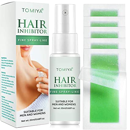 Tomiya Hair Inhibitor - Hair Stop Growth Spray - With 5 Wax Strips - Natural Ingredient to Inhibit and Reduce to Stop Hair Growth - Safe for Face, Arm, Leg, Armpit Use - Smooth Your Skin - 20 ML