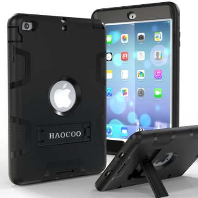 iPad Mini 1/2/3 Case, HAOCOO [Youth Series] [Hot  Fashion Colors] Three Layer Armor Defender Shockproof  Rugged Hybrid Kickstand iPad Mini Protective Case (Black)