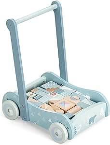 Navaris Wooden Baby Walker with Blocks - Push Along Wagon for Babies with 46 Wood Bricks - Classic Toy Gift Idea for Girls and Boys Learning to Walk