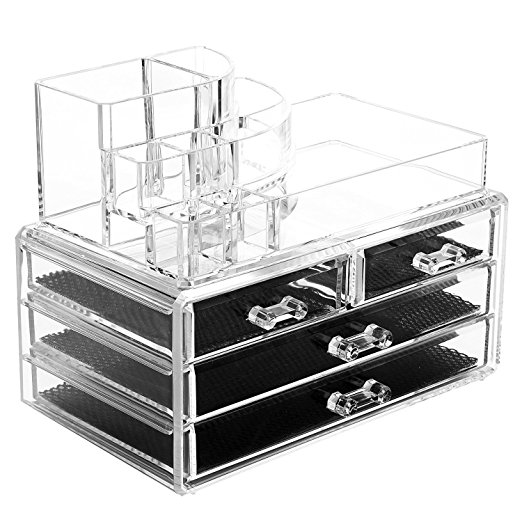 Acrylic Makeup Organizer Cosmetic Organizers Jewelry and Cosmetic Storage Grid Holders Durable Plastic Case Cabinets Display Box Colorless Two Piece Set with Removable Black Mesh Padding by Intriom