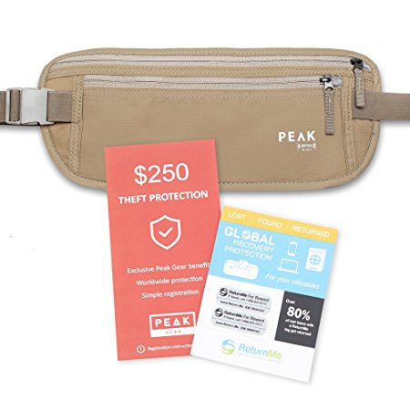 Peak Travel Money Belt with built-in RFID Block - Includes Theft Protection and Global Recovery Tags