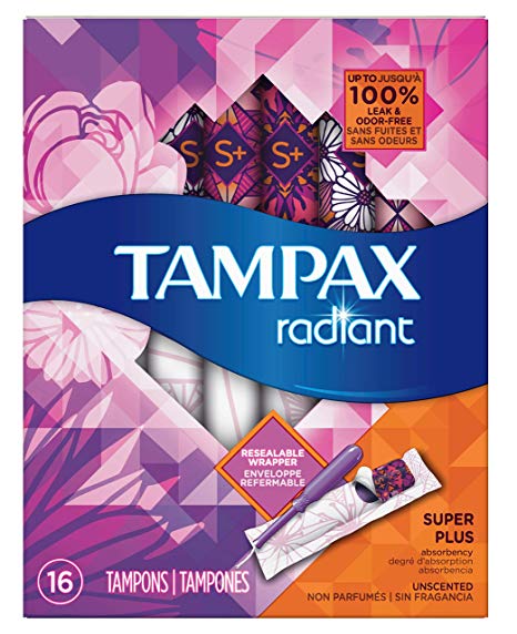 Tampax Radiant Tampons with Plastic Applicator, Super Plus Absorbency, Unscented, 16 Count (Packaging May Vary)