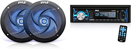 Low-Profile Waterproof Marine Speakers - 100W 4 Inch 2 Way 1 Pair Audio Stereo Sound System - (Black) & Marine Bluetooth Stereo Radio - 12v Single DIN Style Boat in Dash Radio Receiver System (Black)