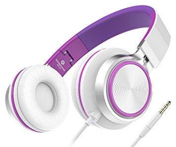 Honstek Stereo Headsets Strong Low Bass Headphones Lightweight Portable Adjustable Wired Over Ear Earbuds for MP3 MP4 PC Tablets Cell Phones (White/Purple)