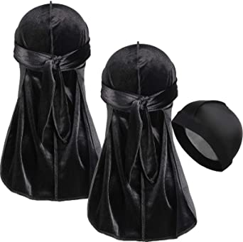 2 Pieces Velvet Durags Long Tail Cap Bandana Turban Headwraps with Simulation Silky Bottom Hat Wave Cap for Men and Women