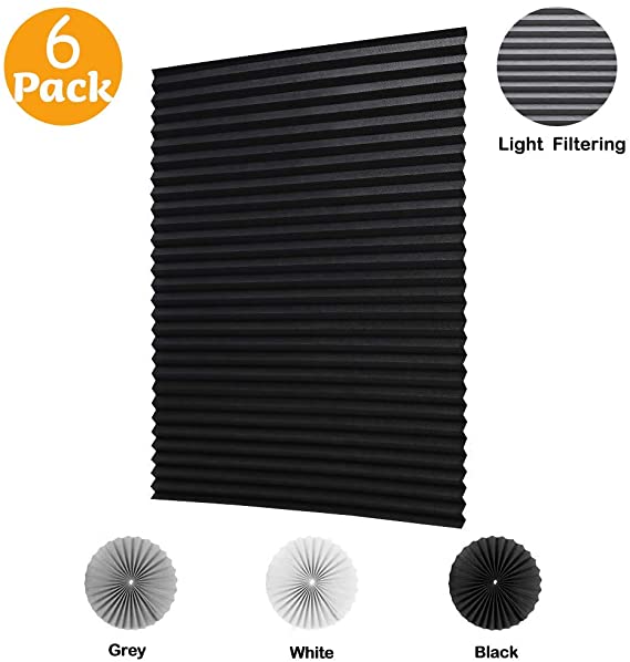 LUCKUP 6 Pack Cordless Light Filtering Pleated Fabric Shade,Easy to Cut and Install, with 12 Clips (48"x72" - 6 Pack, Black)
