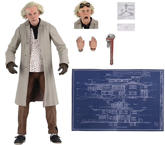 NECA Back to The Future Doc Brown Action Figure [Ultimate Version, Wrench, Flux Capacitor Drawing & Blueprint]