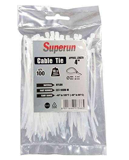 Superun 4 inch selflocking cable tie, 18 lbs tensile strength (Industrial grade zip tie) pack of 100 white