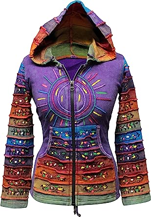 SHOPOHOLIC FASHION Acid Washed Multicolor Patchwork Hoodie, Rainbow Striped Sleeve Hippy Jacket