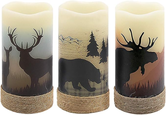 GenSwin Flameless Flickering Led Candles with Hemp Rope and 6H Timer, Battery Operated Set of 3 Real Wax Pillar Rustic Candles Warm Light with Deer, Moose, Bear Decals Decor Christmas Home(D3 x H6)