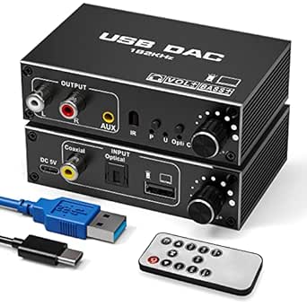 192KHz USB DAC Digital to Analogue Audio Converter - Tendak USB Optical SPDIF Coaxial to Analogue Stereo RCA L/R and 3.5mm Jack Audio Adapter with Volume Control, Bass Adjustment, Remote Control