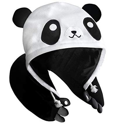 Panda Hooded Animal Plush Neck Pillow, Microbeads for Comfort with Adjustable Drawstring, Perfect For Airplane Travel, Neck Support, as a Panda costume, Gift for Panda Lovers, Designed In Japan