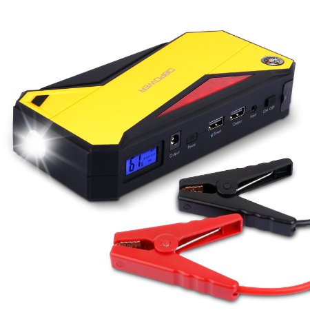 DBPOWER 600A Peak 18000mAh Portable Car Jump Starter DJS50 External Battery Smart Charger Power Bank with Compass & LCD Screen and LED Flash Light for Laptop Smartphone Tablet and More (Black/Yellow)