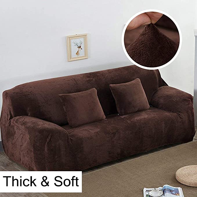 Thick Sofa Covers 1/2/3/4 Seater Pure Color Sofa Protector Velvet Easy Fit Elastic Fabric Stretch Couch Slipcover size 3 Seater:195-230cm (Coffee)