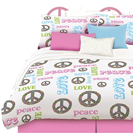 Veratex 457210 Peace and Love Bed-In-A-Bag Micro-Fiber, Pink/White/Green, Twin