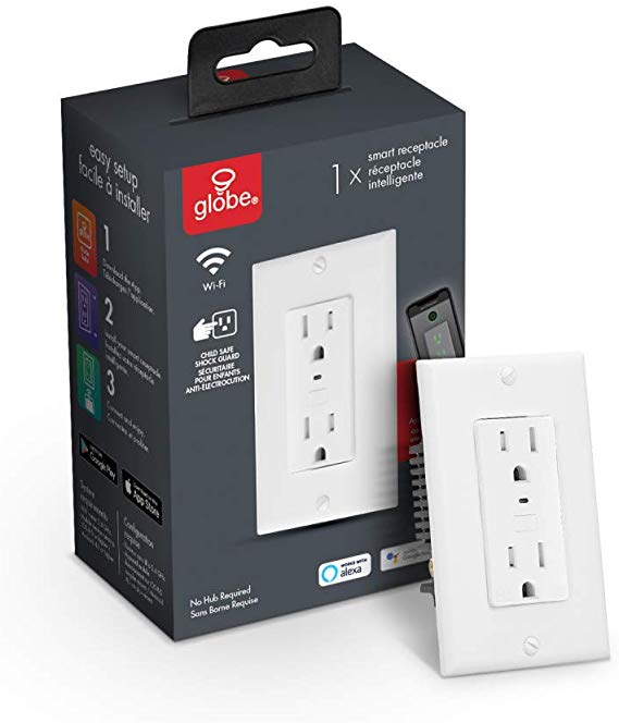 Globe Electric Smart Collection Wi-Fi Receptacle, No Hub Required, Voice Activated, 2 Grounded Outlets, Child-Safe Tamper Resistant Shock Guards, White 50024