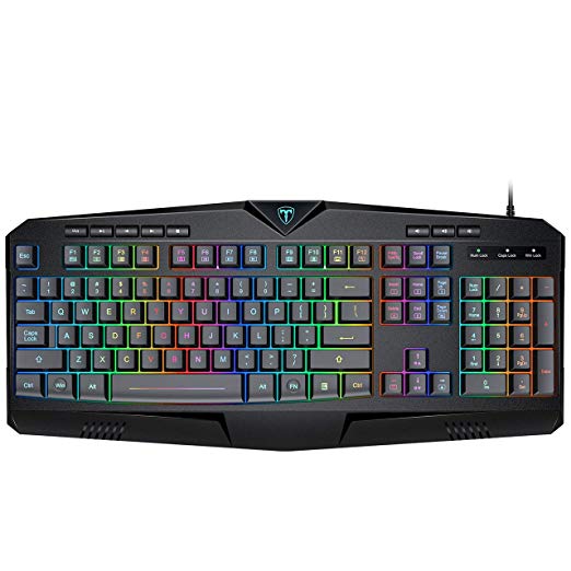 PICTEK RGB Gaming Keyboard USB Wired Keyboard, Crater Architecture Backlit Membrane Keyboard with 8 Independent Multimedia Keys, 25 Keys Anti-ghosting, Splash-Proof, Ideal for PC/Mac Game, Black