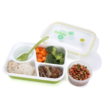 Bento Box Lunch Box 3-compartment 1-bowl 4 in 1 1- Spoon - Silicone Leakproof Healthy Lunch Boxes for Kids Adults - Food Grade Plastic Containers Crisper - Special Smart Valve Microwave-safe Green