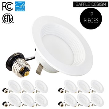 (12 Pack)- 4-inch Dimmable LED Downlight, 9W (65W Replacement), Baffle Design, 3000K (Soft White), 600 Lm, Dimmable, ENERGY STAR, Retrofit LED Recessed Lighting Fixture, LED Trim, LED Ceiling Light