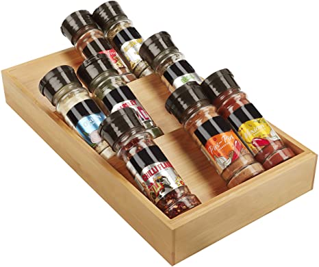 Kurtzy Wooden Bamboo 3 Tier Kitchen Spice Drawer Insert Organiser Rack Tray - Slanted Storage for Cabinet Shelf and Drawers - Salt, Seasoning Jars, Vitamins & Supplements
