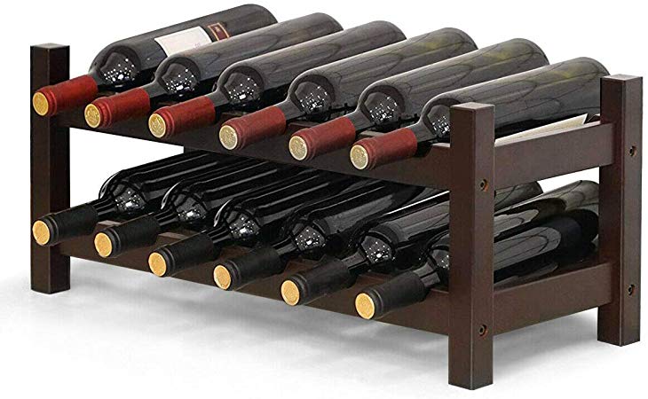 COSTWAY Wine Rack, Bamboo 12 Bottles 2-Tier Wine Display Rack for Countertop Home Kitchen Pantry, Free Standing Wine Storage, Rack Tabletop Wine Rack (Brown)