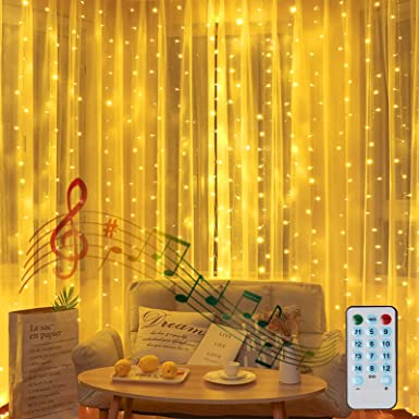 Christmas Curtain Lights for Bedroom Window Backdrop Curtain Lights Battery Operated 6.6X6.6FT Waterfall Icicle Lights, Sound Activated Music Sync Light(Warm White)