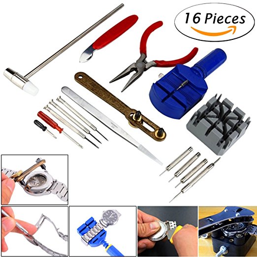 Watch Jewelry Repair Tool Kit, TFSeven Professional 16Pcs Repair Tool Set With Back Opener Band Pin Strap Link Remover with Hammer Screwdrivers Wrench Cutter Spring Bar for Men Women Kids Wristwatch