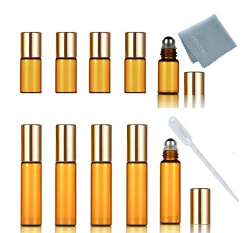 SIMPLE-E Set of 10 Refillable Amber 5ml (5PCS) 1/6oz   3ML (5PCS) Roll on Glass Bottle for Essential Oil - Empty Aromatherapy Perfume Bottles with Metal Roller Ball   FREE Pipette Dropper