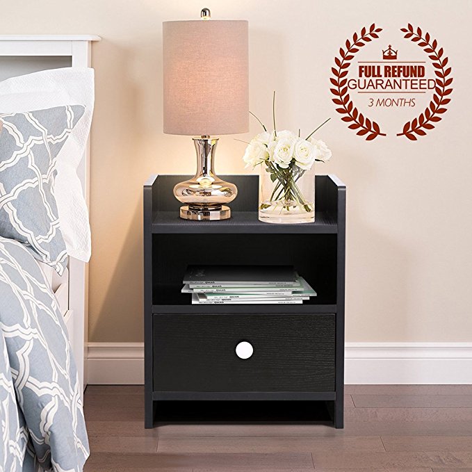 One Drawer Bedside Table, Wooden Side Table / Nightstand, Black