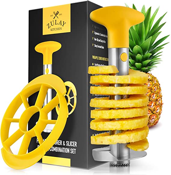 Zulay Pineapple Corer and Slicer Tool Set - Heavy Duty Stainless Steel Pineapple Cutter - Included Pineapple Slicer For Ready To Eat Wedges Saves Time and Effort (Yellow)