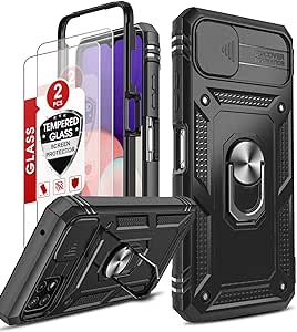 LeYi Samsung A22 5G Case Camera Cover Slider and 2 Tempered Glass Screen Protector, Ring Holder 360° Full Body Protective Shockproof Hard Armour Rugged Phone Case Cover for Samsung Galaxy A22 5G Black