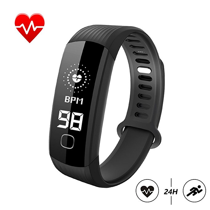 Fitness Tracker Smart Bracelet Wristband with Real-Time Heart Rate Monitor Activity Tracker Stopwatch Pedometer Sleep Monitor Call and SMS Reminder Calorie Burned Counter for IOS and Android (Black)