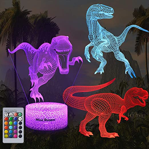 Dinosaur 3D Night Light for Kids, Dinosaur Toys for Boys, 3 Patterns 16 Colors Dinosaur Lamp with Remote, Dinosaur Gifts for Birthday Party Supplies