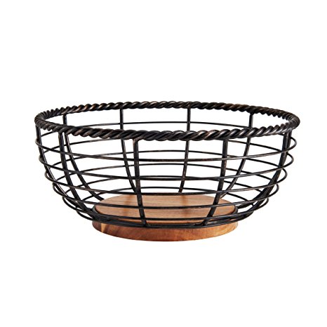 Gourmet Basics by Mikasa Fruit Basket Rope Round Wood Antique, 11", Black