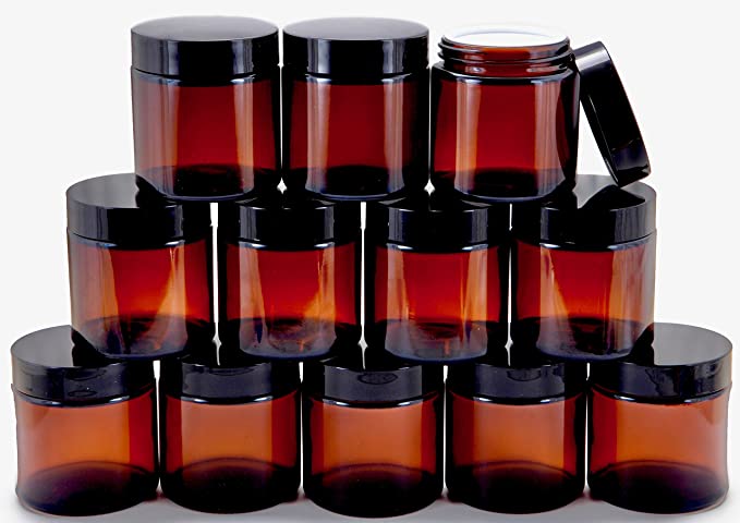 Vivaplex 12 Amber 4 oz Round Glass Jars with Inner Liners and Black Lids