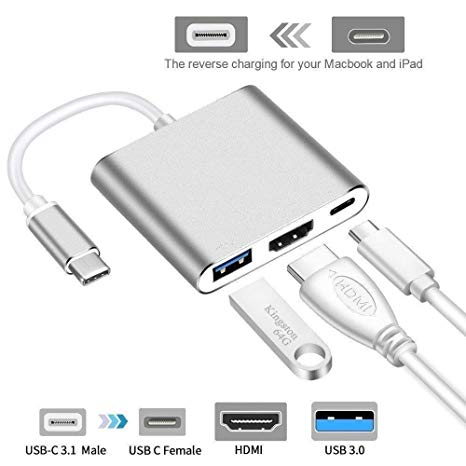 TOLV Present 3 in 1 Type C to HDMI Type C to USB and Type C to Type C Hub 4K Adapter USB-C to HDMI Converter with 3.0 USB Port and Type C 3.1 Female Charging Port for MacBook