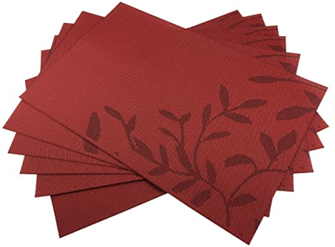Gugrida Place Mats PVC Set of 6, Table Placemats Set of 6 PVC Washable Woven Vinyl Place Mats Heat Insulation Top Meal Mat Table Mats Natural Color (6 pcs, Red Leaves)