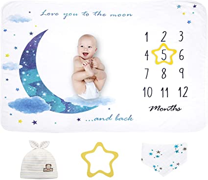 Baby Monthly Milestone Blanket | Extra Soft Fleece Baby Photo Blankets for Newborn 1-12 Months for Boy and Girl, Includes Bandana Drool Bib & Baby Hat