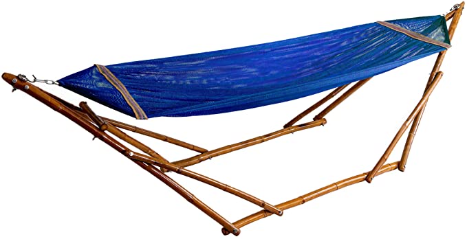Bamboo Hammock Stand with Hammock by Bamboozations - New Models and Colors (Small (8ft), Blue Polyester)
