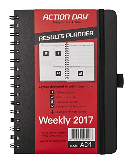 Action Day 2017 - World´s Best Action Planner - Designed to Get Things Done - Weekly Daily Monthly Yearly Agenda, Calender, Appointment, Organizer & Goal Journal (6x8 / Wire-Bound / Black)