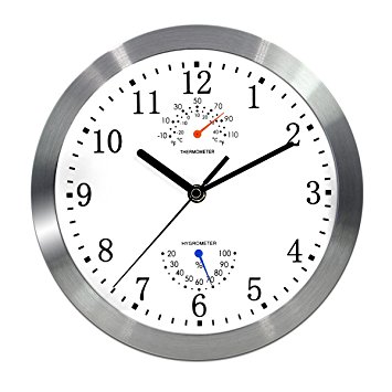 MAGHO Silent Non-ticking Indoor Wall Clock with Temperature & Humidity (Aluminum, 10') (Aluminum, 10')