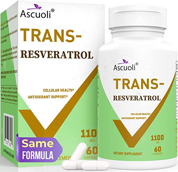 Ascuoli 99% Ultra Purity Trans-Resveratrol 1100mg, 3-in-1 Advanced Formula Organic Resveratrol, Max Antioxidant Anti-Aging, Skin Health, Cell Repair, Boost NAD+, Immune & Energy, 60 Capsules