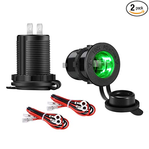 YonHan 2-Pack 12V Cigarette Lighter Socket Power Outlet Receptacle with LED Indicator and Wire Fuse DIY Kit for Car Marine Motorcycle ATV RV Scooter and More – Green