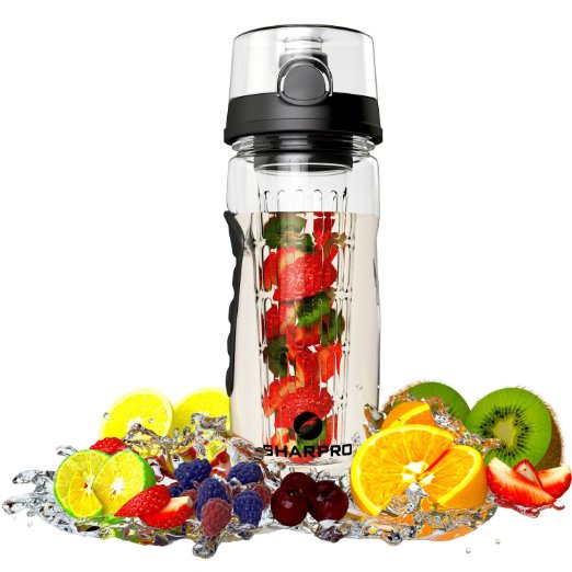 Sharpro Fruit Infuser Water Bottle - Featuring a Full Bottle Length Infusion Rod - 1 Best Fruit Infusion Sports Bottle - Large 32oz - Flip Top Lid - Made of Durable Eastman Tritan - Make Your Own Naturally Flavored Fruit Infused Water Juice Iced Tea Detox Lemonade and Sparkling Beverages