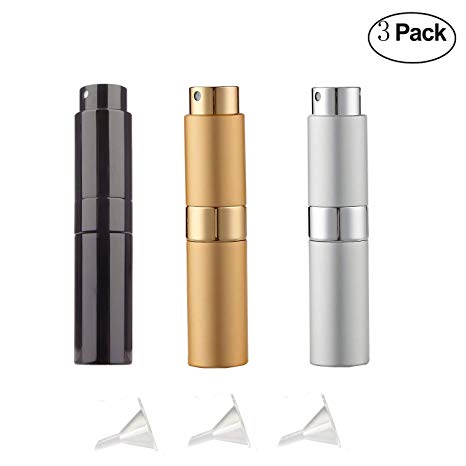 8ml Twist-Up Perfume Spray Bottles,Empty Spray Perfume Bottle,Portable Refillable Perfume Sprayer Atomizer with 3 Funnel Fillers (3-Pack)