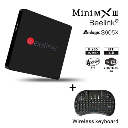 Beelink Mini MX3 II 4K Android 6.0 Amlogic S905X Quad core ARM Mali-450 RAM DDR3 2GB ROM Onboard eMMC Flash 16GB 2.4G Wifi BT4.0 100M LAN TV Box   Wireless Keyboard