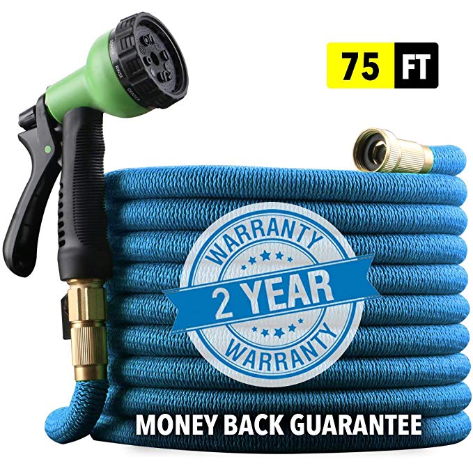 [2019 UPGRADED] X-STREAM 75 ft Non-Kink Expandable Garden Hose, UPGRADED 10-PATTERN Spray Nozzle INCLUDED, 3/4” Brass Fittings with Shutoff Valve, BEST 75' Foot Garden Hose - 2 YEAR WARRANTY - BLUE