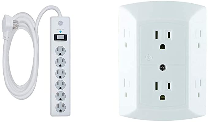 GE 6 Outlet Surge Protector, 10 Ft Extension Cord, Power Strip, 800 Joules, White & 6 Outlet Wall Plug Adapter Power Strip, Extra Wide Spaced Outlets for Cell Phone Charger, Power Adapter, White