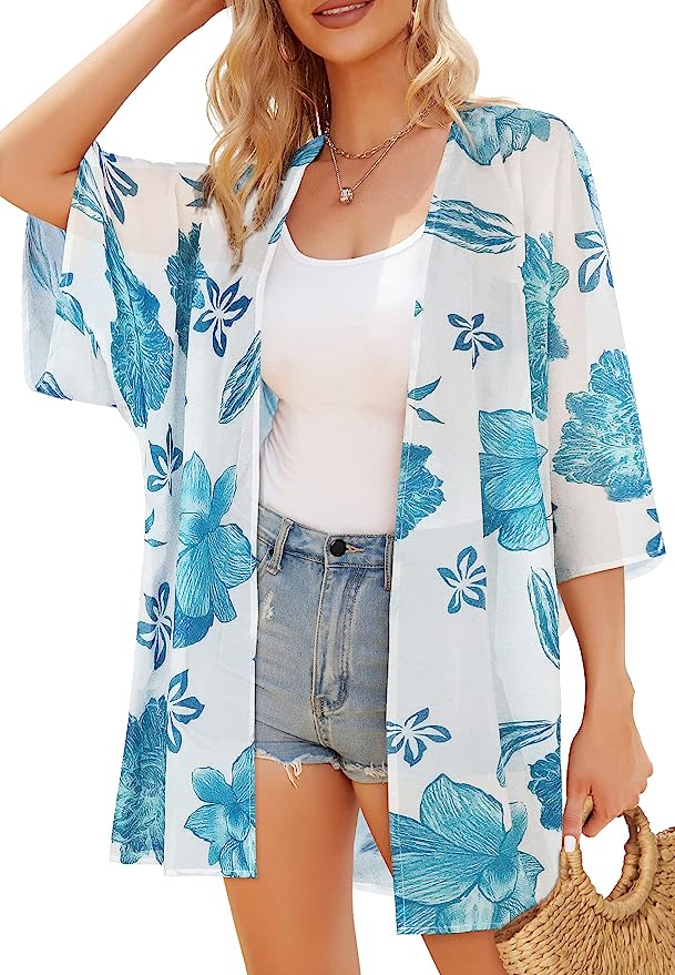 Women's Floral Print Puff Sleeve Kimono Cardigan Loose Cover Up Casual Blouse Tops